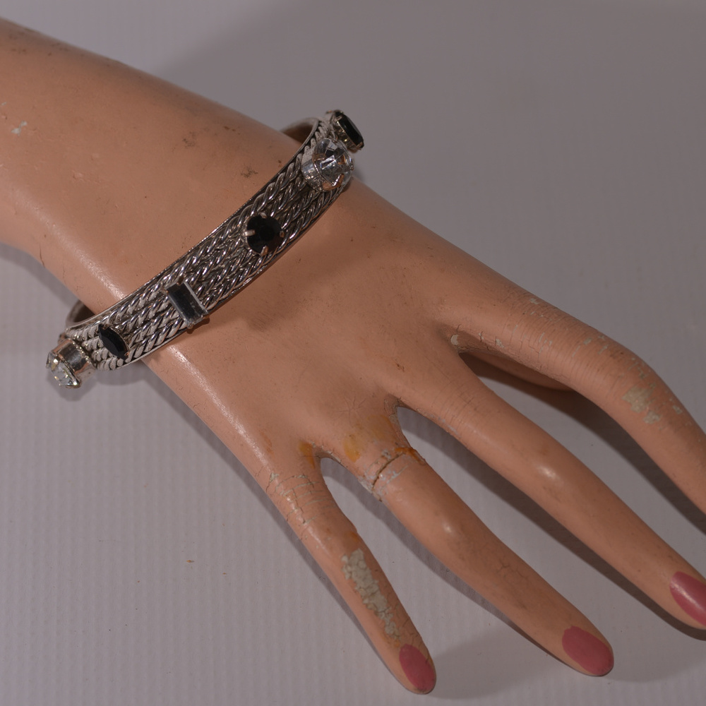 1980's chunky black clear rhinestone silver bangle